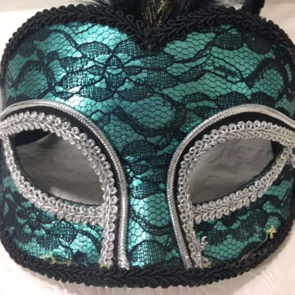 Turquoise Black Lace Peacock Feathers Masquerade Halloween Mask
